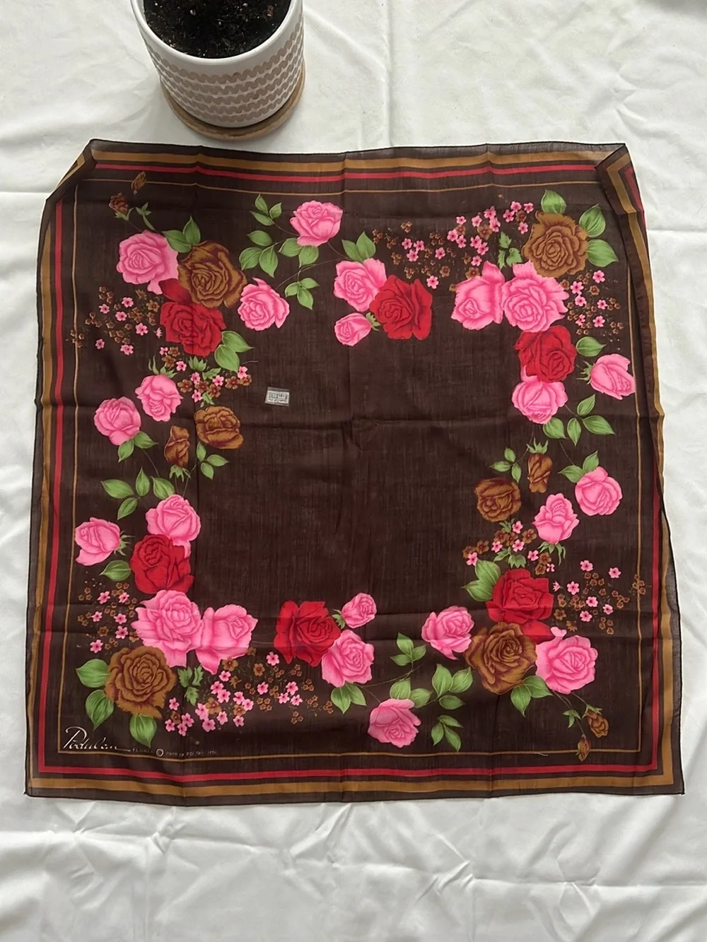 Vintage Floral Scarf Brown with Pink & Red Roses